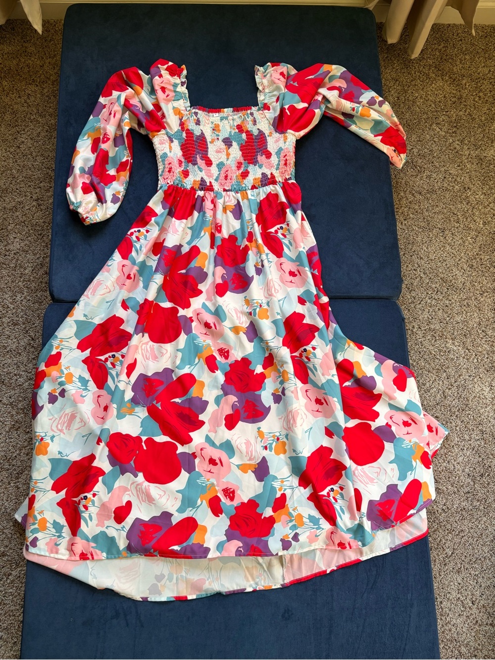 Floral Puff Sleeve Midi Dress in Red & Aqua